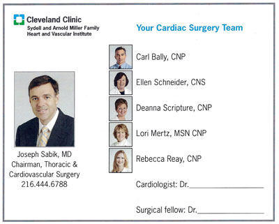 Hospital Card Of Surgical Team For Patients At Cleveland Clinic