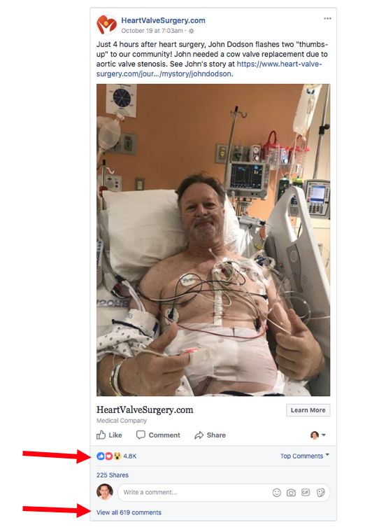 Jim Dodson, heart valve patient in hospital, on Facebook giving a thumbs-up sign