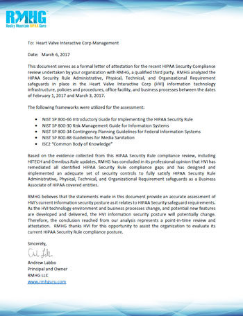 HIPAA attestation letter for HeartValveSurgery.com