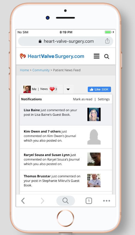 Mobile phone showing heart valve patient news feed