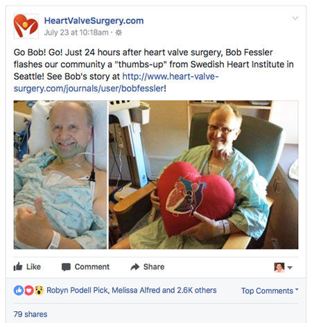 Heart valve disease patient on Facebook holding red post-op pillow