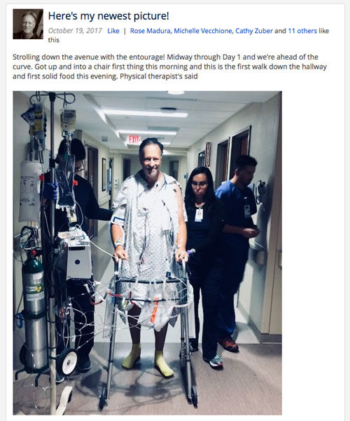 Jim Dodson, heart valve patient, walking in hospital after heart surgery