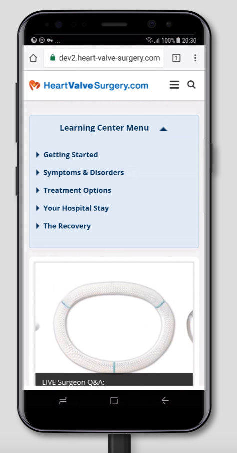 Mobile display of the drop down Learning Center menu