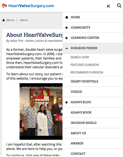 Drop down menu of heartvalvesurgery.com