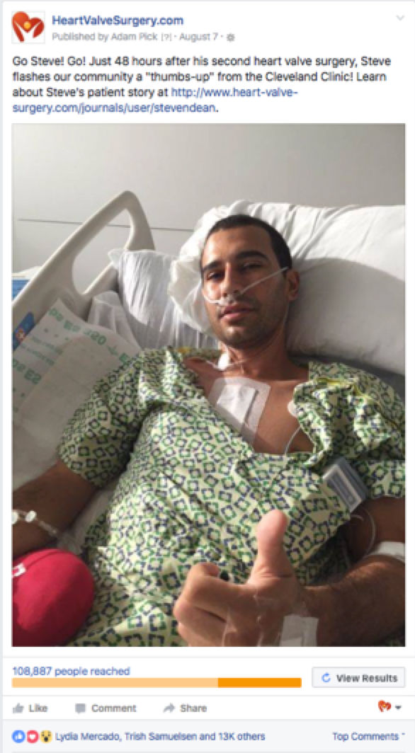 Heart valve patient on Facebook showing a thumbs up
