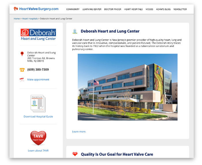 Deborah Heart and Lung Center Heart Valve Microsite