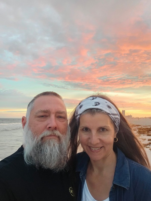 This picture is from our trip to the Gulf Shores. Me and my husband, Stephen.